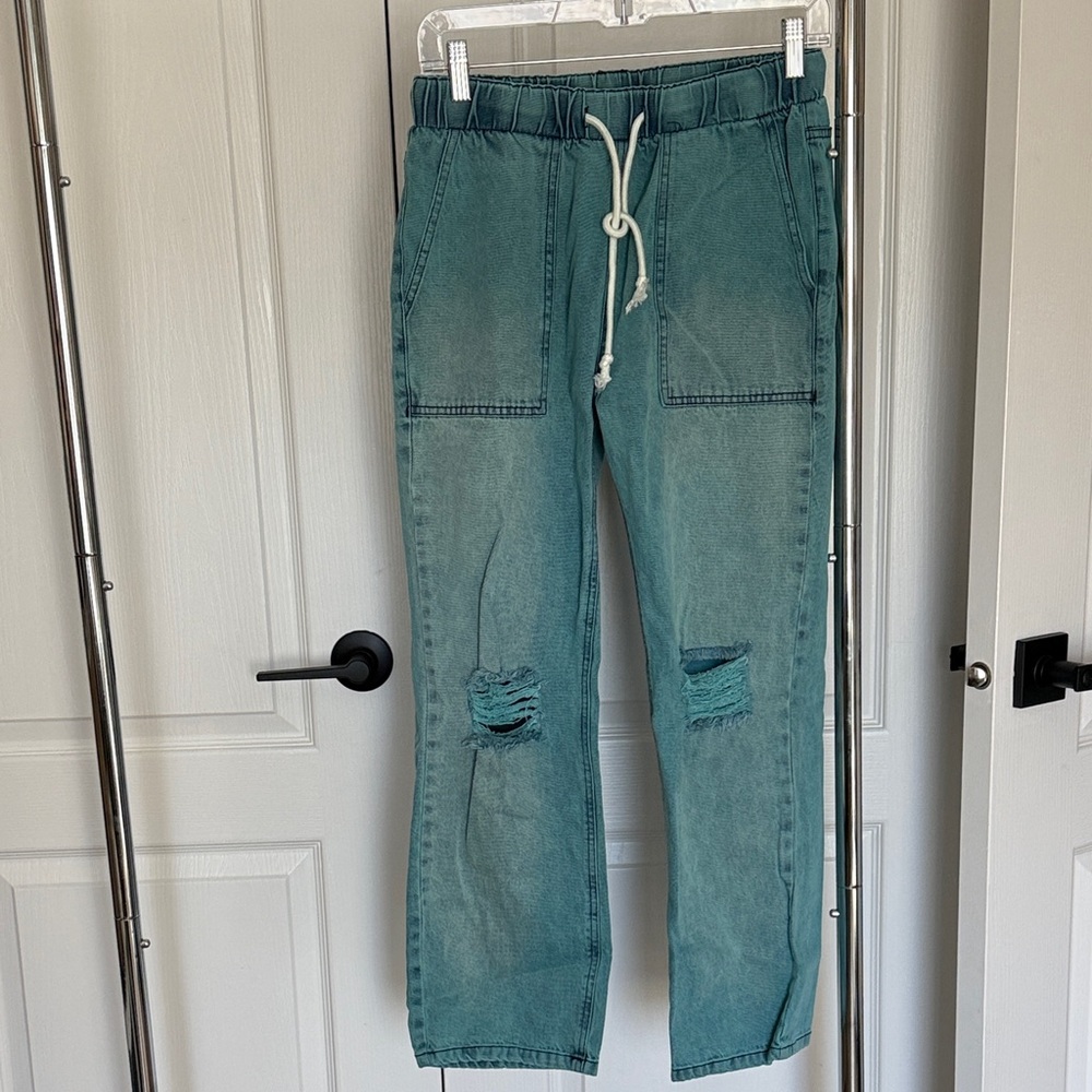 Teal Washed Drawstring Distressed Jeans